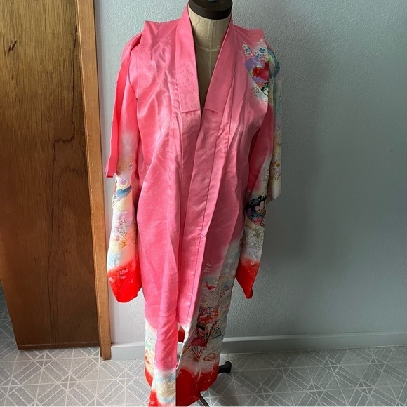VINTAGE Girl's Pink Kimono Butterflies Flowers Ombre w/ Orange Tie - Picture 5 of 16